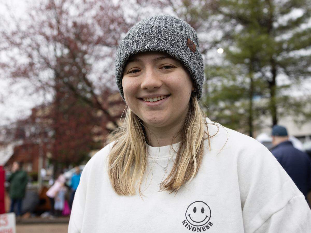 Sydney Nicholson, a Penn State student, explains why she attended Saturday’s “Hands Off!” rally at State College’s Sidney Friedman Park, in opposition of President Donald Trump. The event was part of a nationwide effort that saw more than 1,000 similar rallies held across all 50 states.