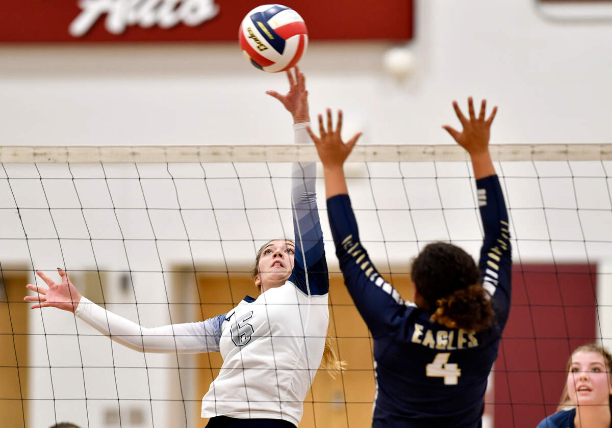 Philipsburg-Osceola’s Jayden Perks hits the ball past a Bald Eagle Area defender during the District 6 2A championship game on Tuesday, Nov. 10, 2020 at Altoona High School.