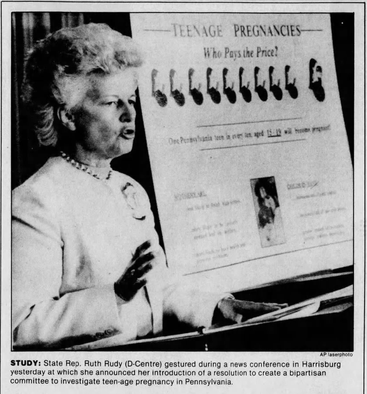 This Associated Press photo appeared in the May 6, 1986 Centre Daily Times about former Rep. Ruth Rudy’s call to form a committee to investigate teen pregnancies. Rudy died March 28, 2025.
