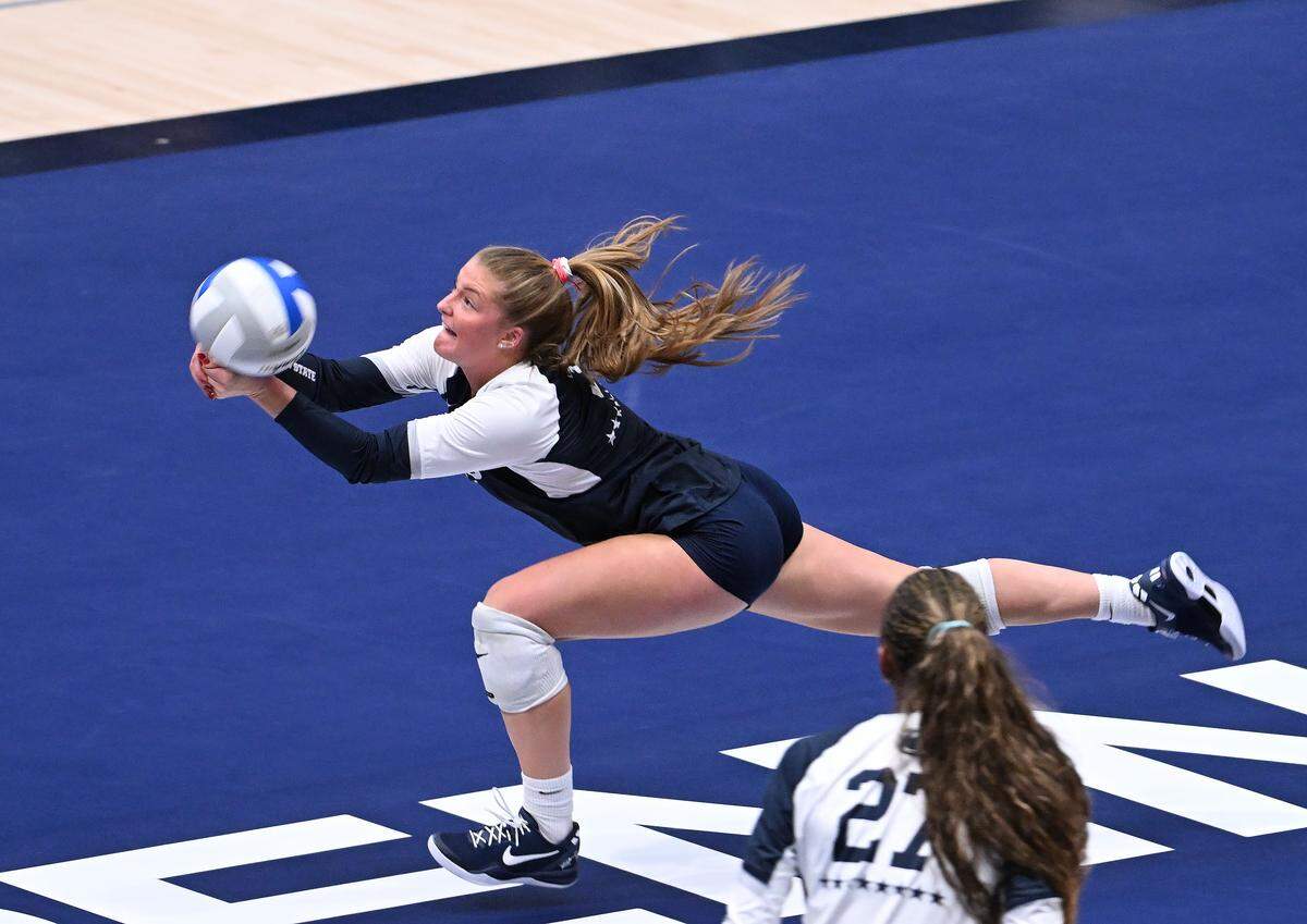 Penn State's Gillian Grimes makes a diving save during Wednesday's match against the Pitt Panthers at Rec Hall in State College. The Panthers defeated Penn State 3-1. 