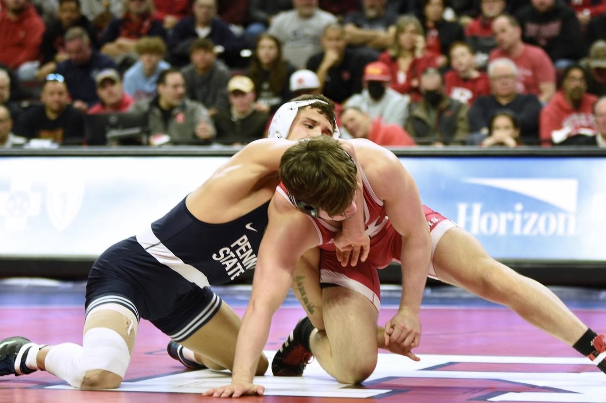 Penn State’s Alex Facundo controls Rutgers’ Luke Gayer in their 165-pound bout of the Nittany Lions’ 33-8 win on Friday, Feb. 10, 2023 in Piscataway, N.J. Facundo breezed past Gayer, 25-12.