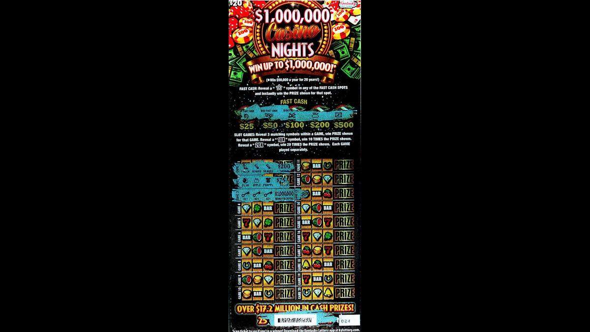 The winning ticket is pictured here. The three matching symbols activated the scratch-off ticket’s grand prize, worth up to $50,000 annually over 20 years.