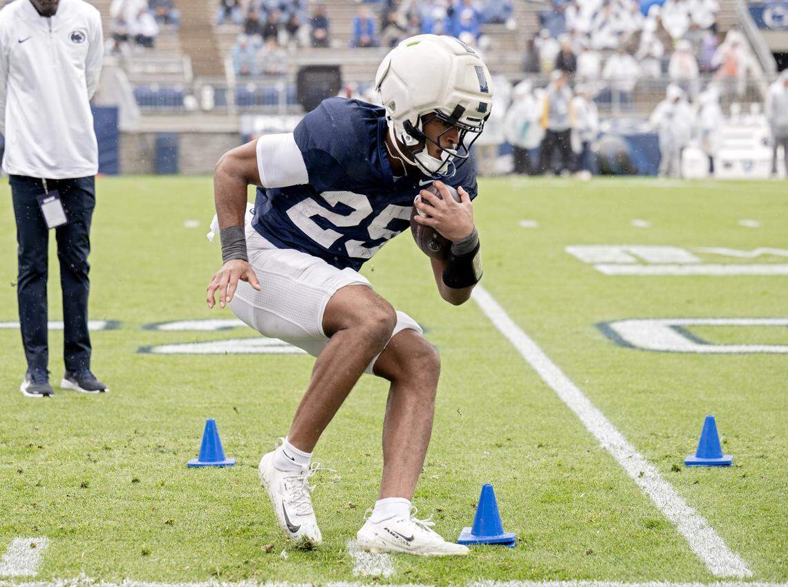 Penn State running back Quinton Martin Jr. runs a drill during Blue-White Practice on Saturday, April 25, 2026.  