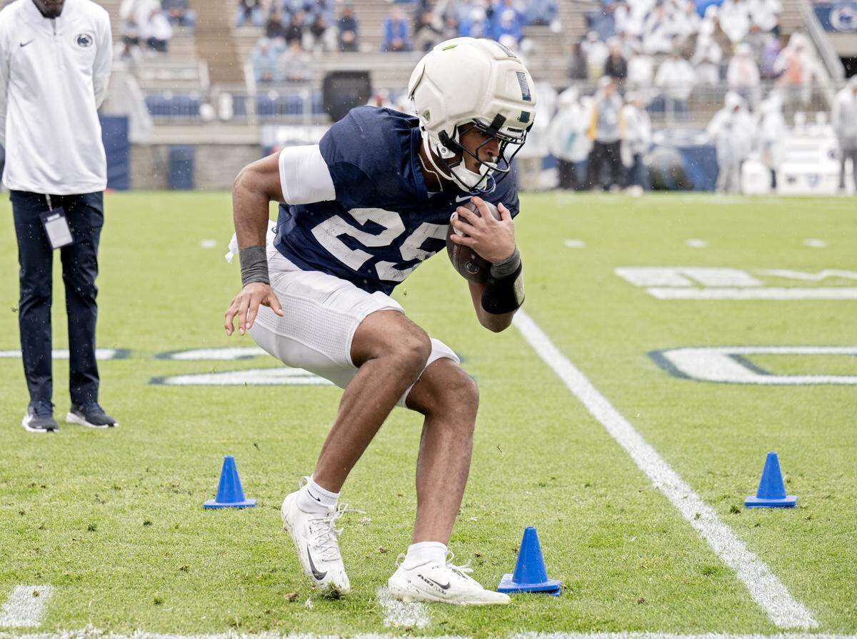 Penn State running back Quinton Martin Jr. runs a drill during Blue-White Practice on Saturday, April 25, 2026.