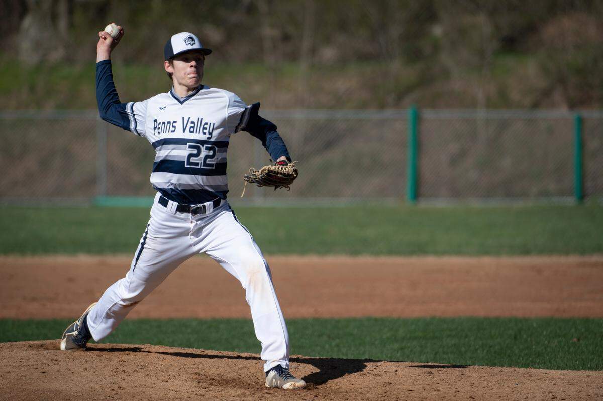 Penns Valley’s McClain Welshans pitches during a PIAA baseball game between Penns Valley and Saint Joseph’s on Wednesday, April 20, 2022 in State College, Pa.