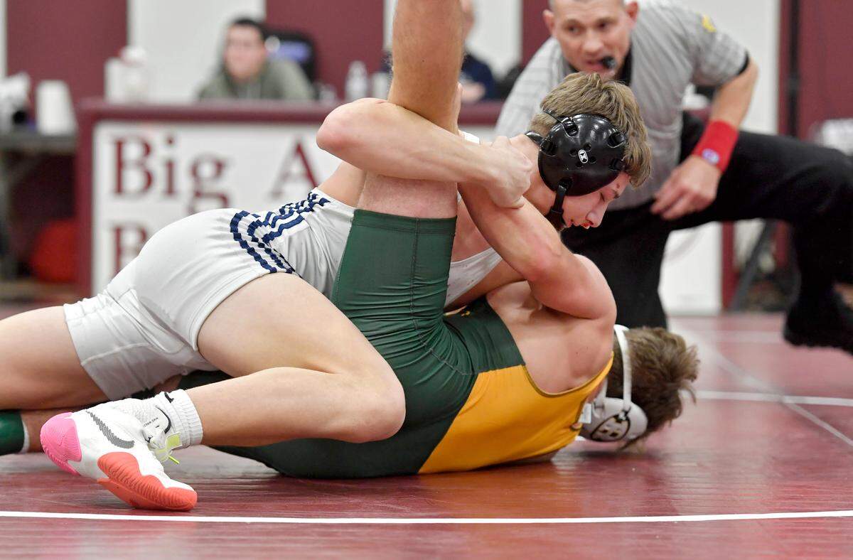 Penns Valley’s Ty Watson, pictured here in a Feb. 19 photo, has 29 pins this season, which leads the county. He is also tied for the county lead with 38 wins.