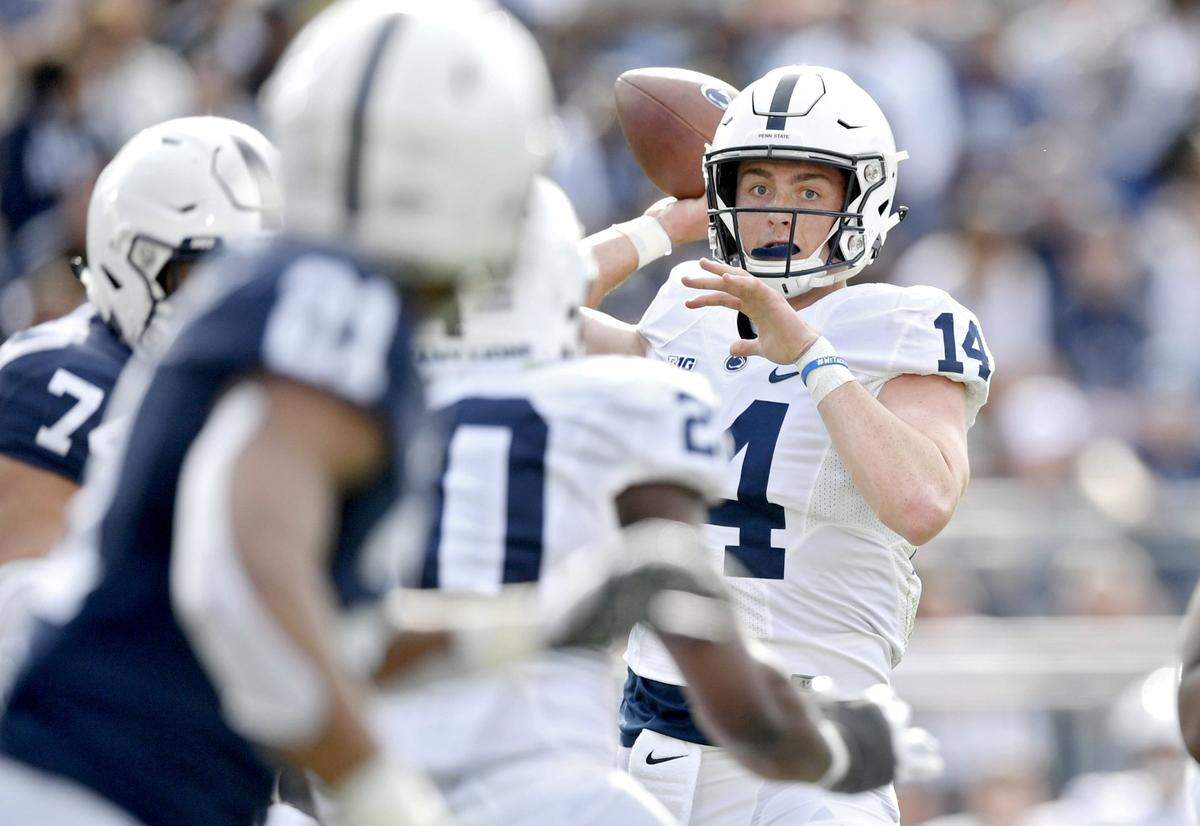 Penn State quarterback Sean Clifford throws a pass during the Blue-White game in 2019.
