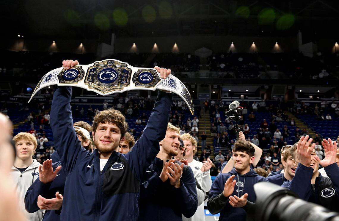 Levi Haines and the Penn State wrestling team celebrates being the Big Ten wrestling tournament champions on Sunday, March 8, 2026.