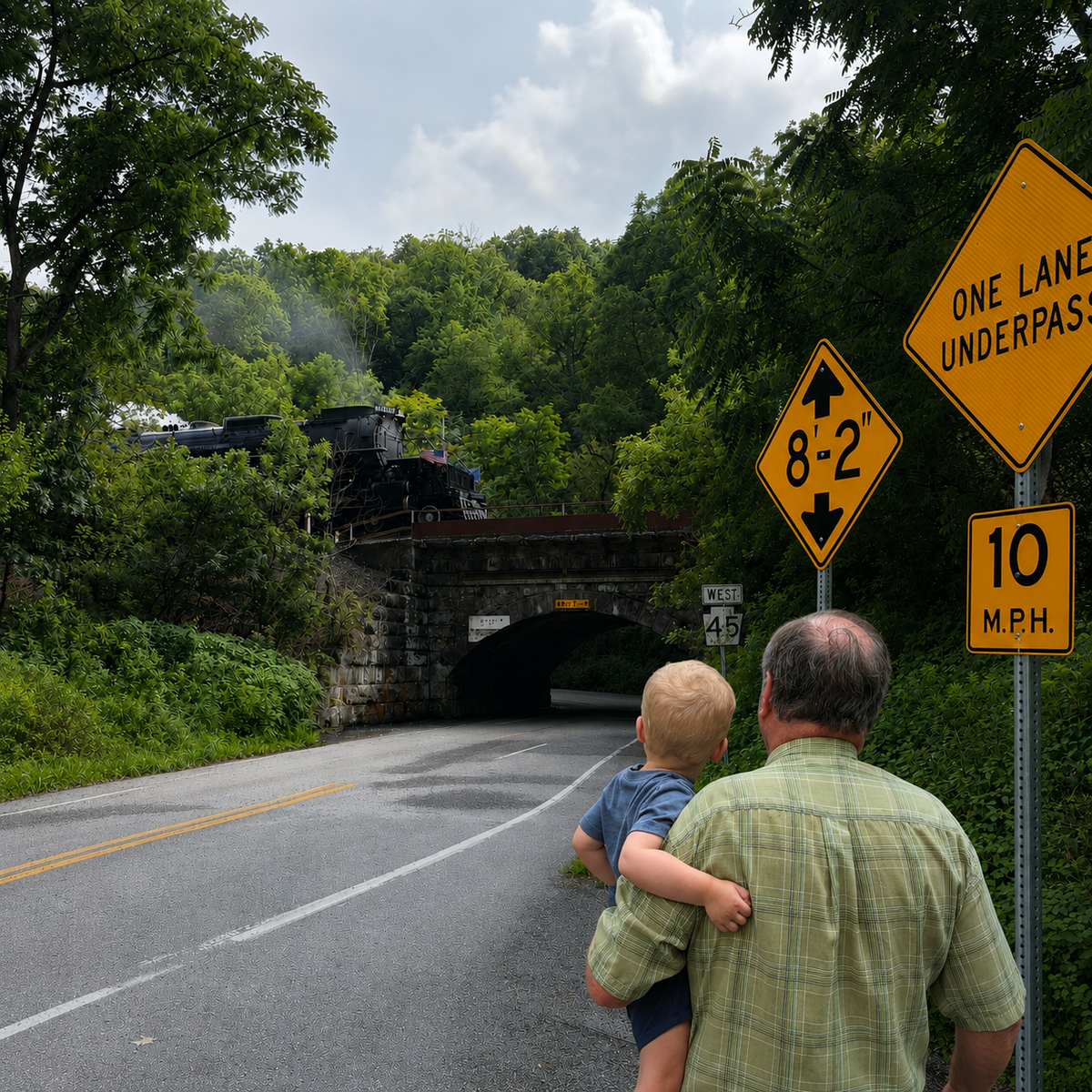 Gabriel Sullivan of State College is held by his grandfather, Bill Sackett of Mill Hall, as they watch Big Boy No. 4014 in Spruce Creek. Rachel Sullivan called it a “once in a lifetime opportunity” to have her son and his grandfather see the locomotive together, as Bill Sackett’s family had relatives who worked on the railroads from Altoona to Harrisburg.