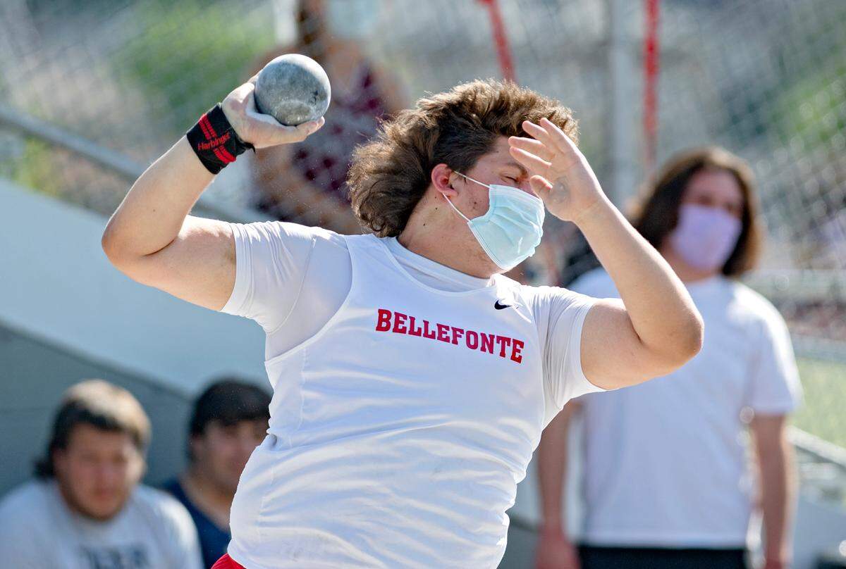 Bellefonte’s John Besch competes in the shot put at the District 6 3A track and field championships at Mansion Park on Thursday, May 20, 2021.