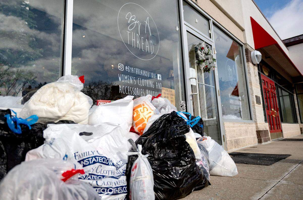 Donations to be sent to California to help those affected by the wildfires pile up outside By A Thread in State College on Wednesday, Jan. 15, 2025.