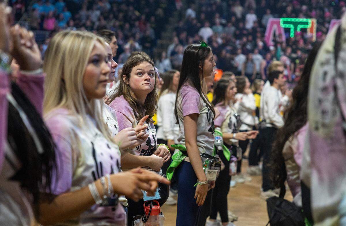 Dancer Sloan Cordon, a senior studying elementary education, looks on during the Thon line dance on Friday, Feb. 20, 2026 in the Bryce Jordan Center. Cordon is a dancer for Thon supply logistics.