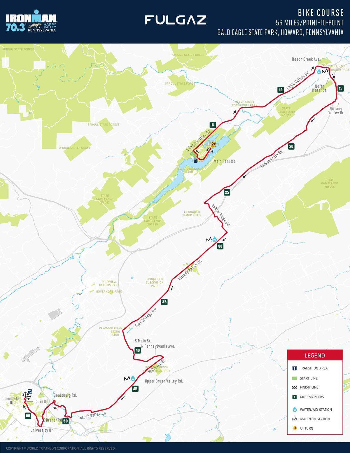 The bike route for the Ironman 70.3 Pennsylvania Happy Valley is pictured.