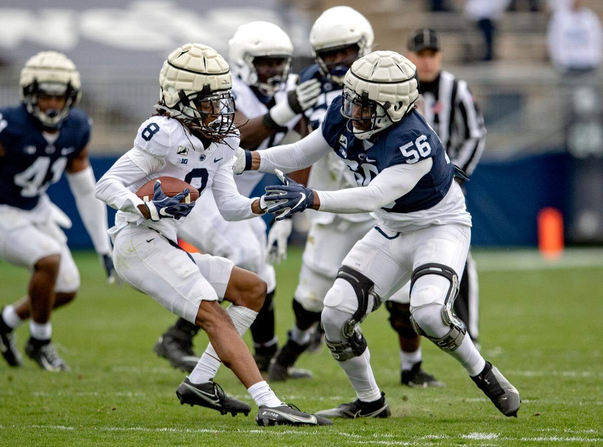 Penn State defensive end Amin Vanover tries to stop Penn State’s Marquis Wilson during spring practice on Saturday, April 17, 2021 at Beaver Stadium.
