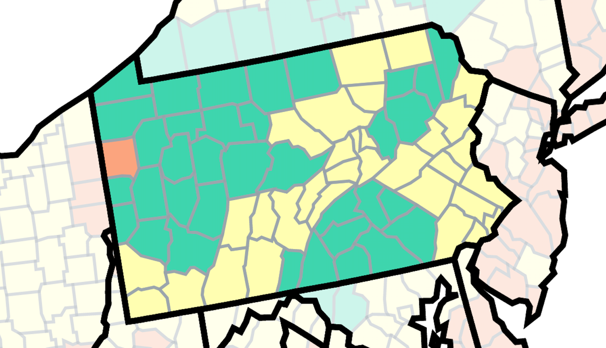 This map of Pennsylvania from the U.S. Centers for Disease Control and Prevention shows COVID-19 community levels by county as of Dec. 30, 2022. The orange indicates high, the yellow indicates medium and the green indicates low.