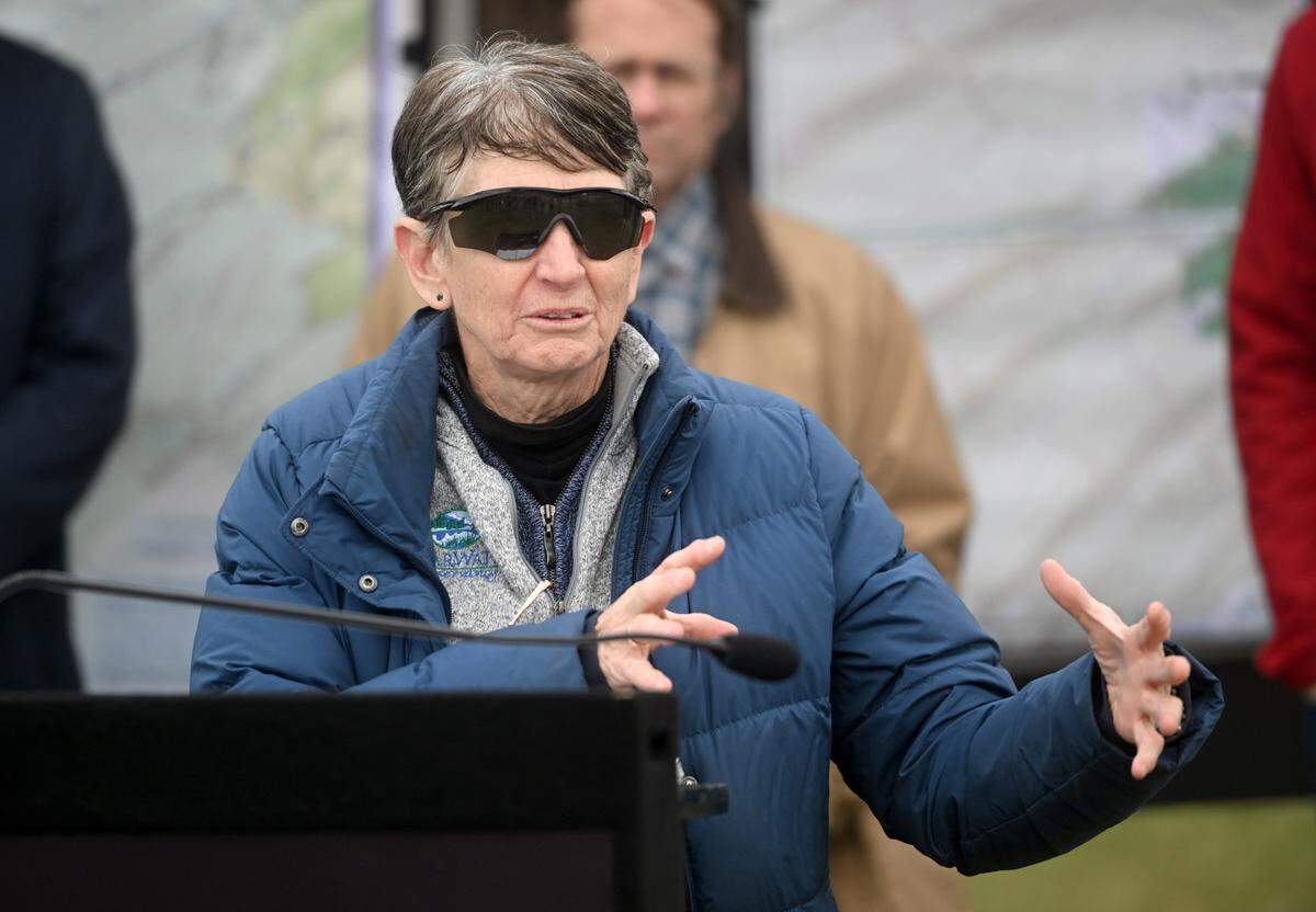 Interim executive director for ClearWater Conservancy Donna Stoicovy speaks Thursday during a press conference with representatives from DCNR and more at the Musser Gap Trail.