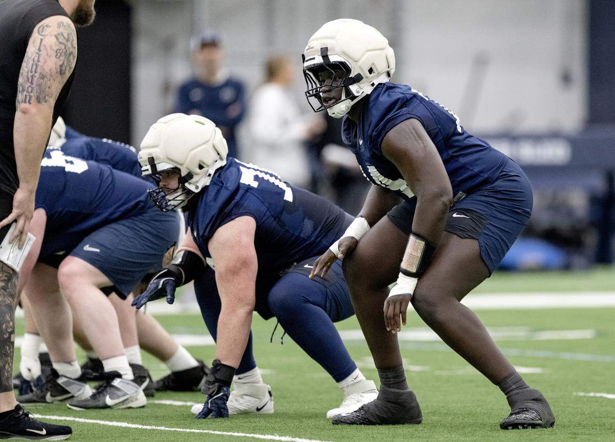Penn State offensive lineman Kuol Kuol II lines up for a play during spring practice on Thursday, March 26, 2026.  