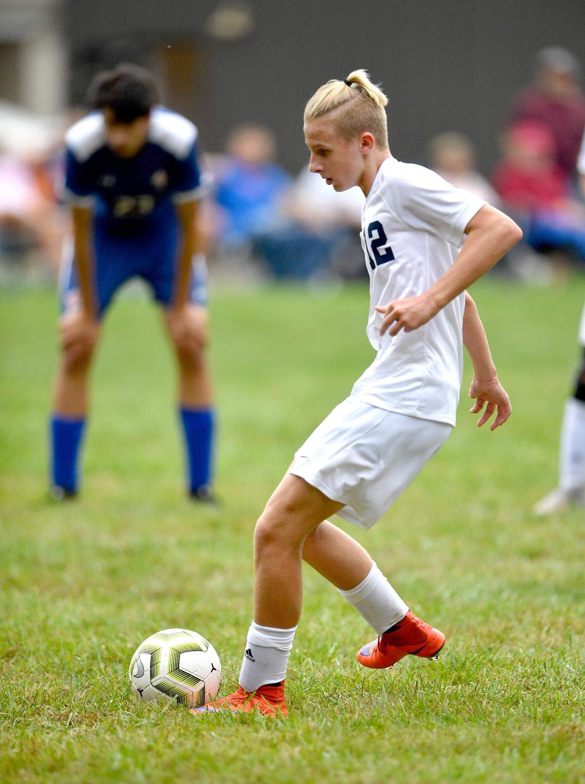 Philipsburg-Osceola’s Carson Long scores on a penalty kick during the game against Saint Joseph’s on Thursday, Sept. 16, 2021.