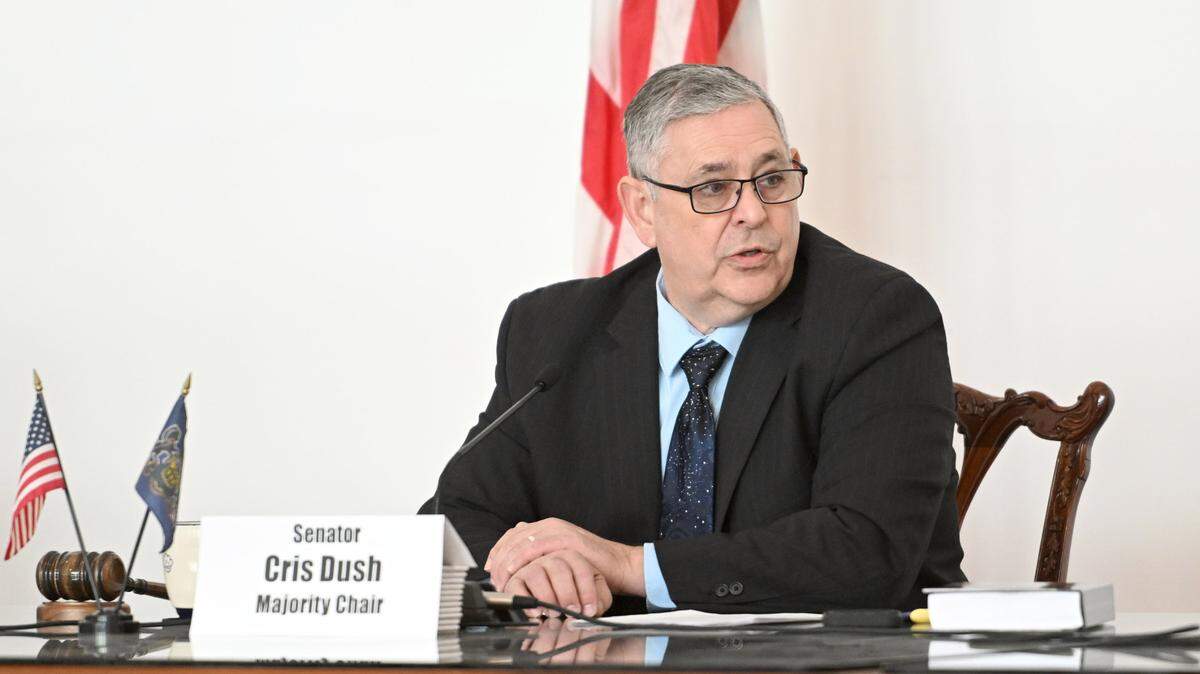 State Sen. Cris Dush, R-Brookville, is pictured at a January public hearing to hear testimony about eminent domain and the property rights of farmers. Dush withdrew challenges to mail ballots that he’d made Friday.