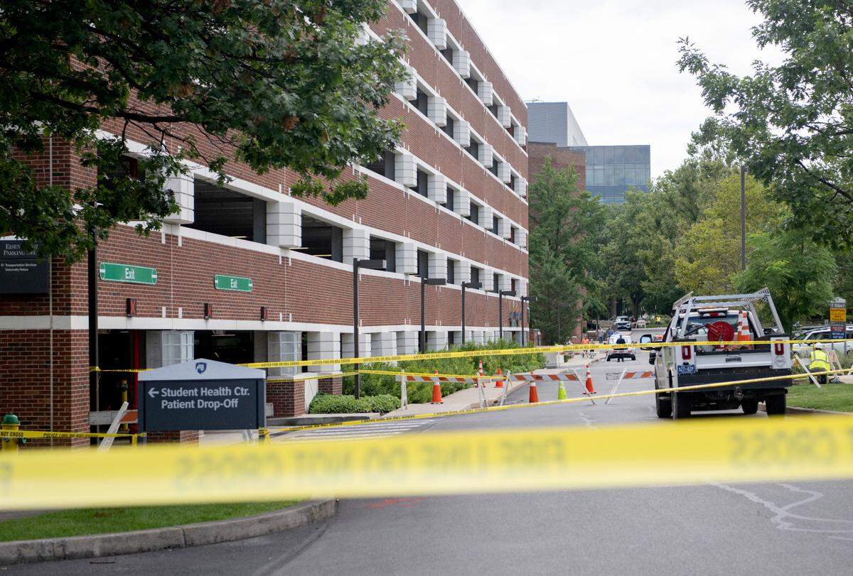 Eisenhower Road and the Eisenhower parking deck were closed as crews investigated a sinkhole on Wednesday, Aug. 16, 2023.