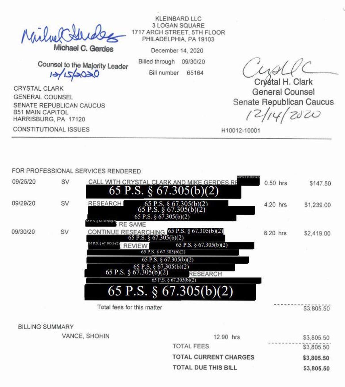 Despite a state Supreme Court ruling, the Pennsylvania legislature routinely redact details on legal invoices and other documents. In this example, lawyers for Senate Republicans blacked out much of the information on a bill from the law firm Kleinbard — making it impossible to know who is being represented or why.