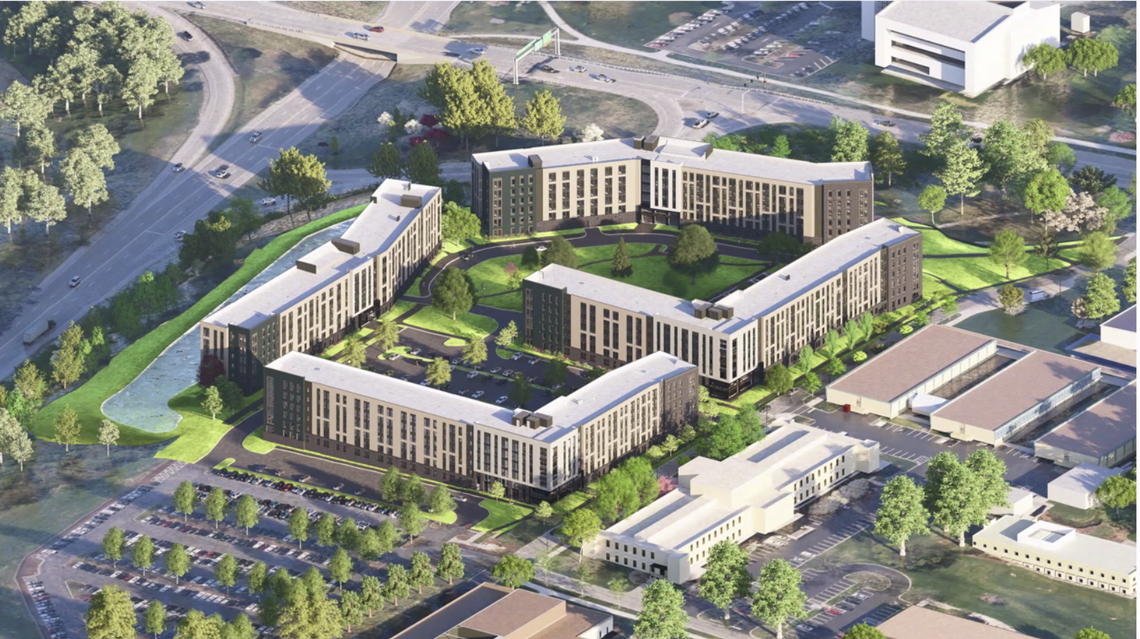 A rending of four student residence halls proposed for the southeast corner of Hastings Road and University Drive on the Penn State University Park campus. The project is a public-private partnership between Penn State and Greystar Development East.