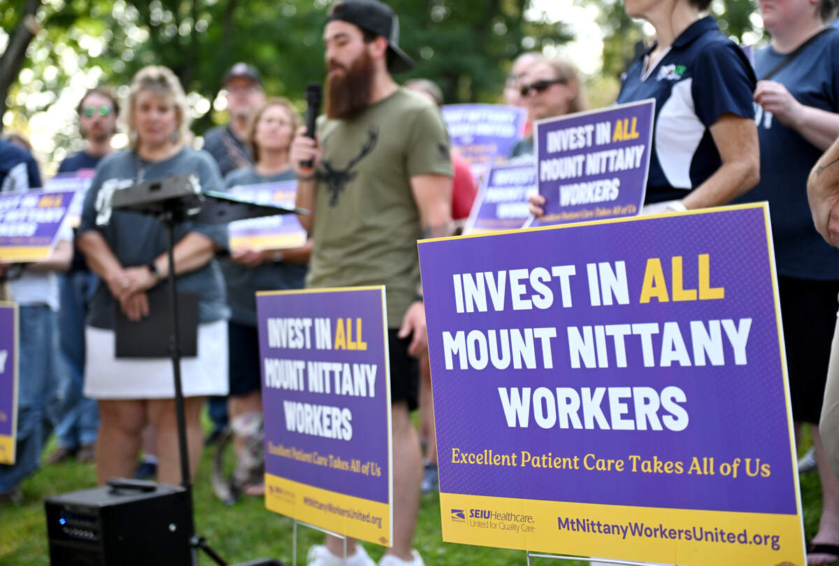 Josh Rosefsky speaks as union members gathered to support Mount Nittany healthcare workers on Wednesday, July 8, 2026.
