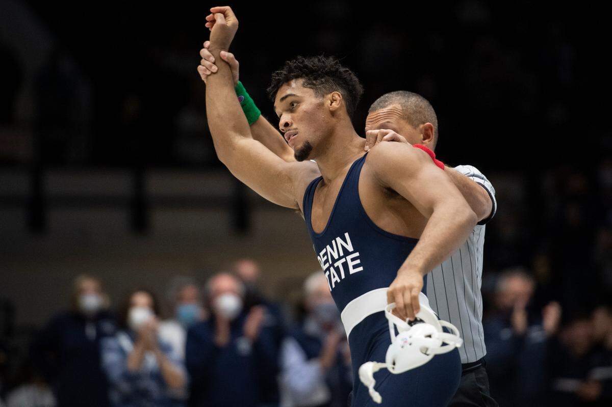 Penn State’s Carter Starocci wins his bout during a wrestling dual between Penn State and Rutgers on Jan. 16 at Rec Hall in University Park.