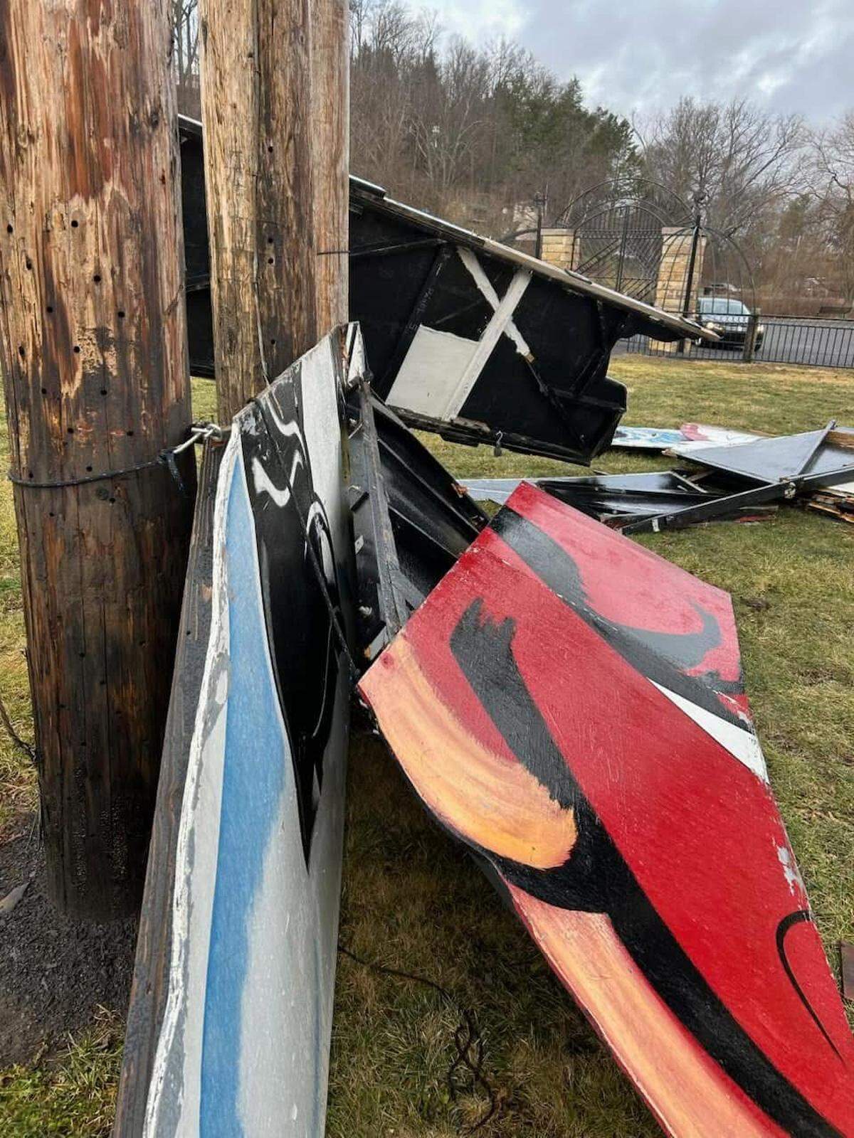 Pieces of Philipsburg’s large Santa Claus display sit on the ground last winter following its collapse.