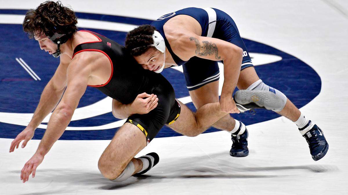 Penn StateÕs Aaron Brooks controls Maryland’s Kyle Cochran in the 184 lb bout during the match on Monday, Feb. 22, 2021. Brooks won by major decision, 17-5.