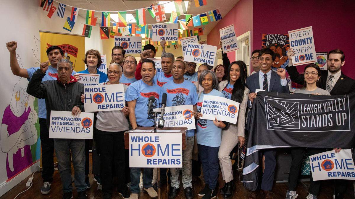 A rally in support of permanent funding for the Whole-Home Repairs Program in the Lehigh Valley on April 18, 2023.