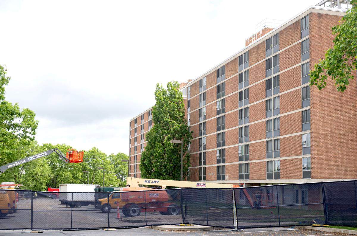 Crews work at Wolf Hall and Ritner Hall as part of the Pollock Halls updates on Thursday, May 29, 2025.