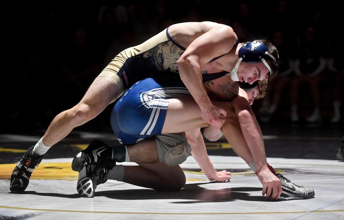 Bald Eagle Area’s Gage McClenahan, top, collected five pins this week to get to 11 on the season. Penns Valley’s Malachi DuVall, bottom, leads the county with 13 falls. The pair squared off against each other on Thursday, which was a 6-4 win for McClenahan.