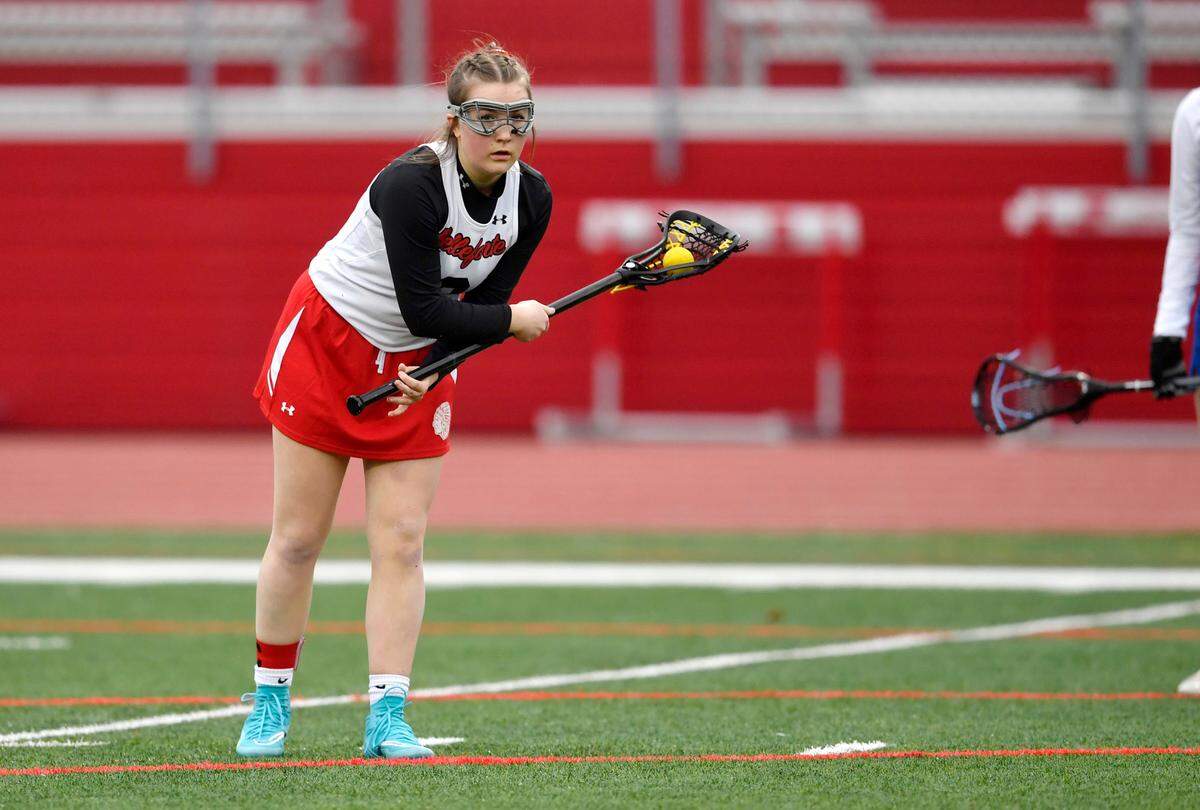 Bellefonte’s Molly McKee lines up for an 8-meter shot which gave her her 100th career goal during the game against Selinsgrove on Tuesday, April 5, 2022.