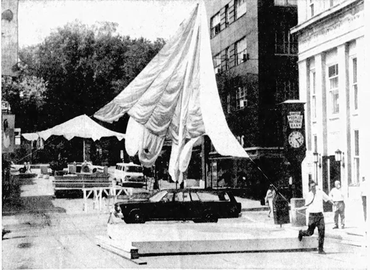 The Peoples National Bank clock is visible in this July 1967 picture taken as crews set up a stage on South Allen Street ahead of the first-ever Central Pennsylvania Festival of the Arts.