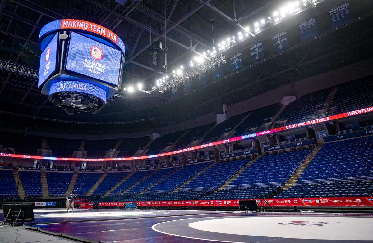 Setup for the U.S. Olympic Team Trials for wrestling is underway at the Bryce Jordan Center on Wednesday.