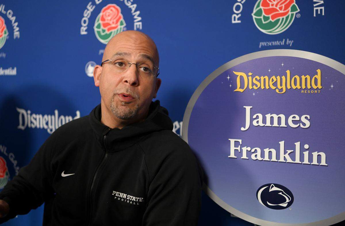 Penn State football coach James Franklin talks to the media from Disneyland as part of the Rose Bowl kick off event on Wednesday, Dec. 28, 2022
