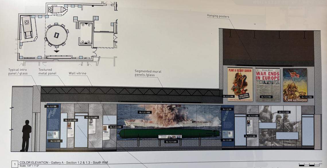 The design of this exhibit, produced by The Design Minds Inc., is located along the wall nearest the Pennsylvania Military Museum’s entrance — and even features an old torpedo created by Penn State’s Applied Research Laboratory. “I wasn’t expecting that when I was getting my initial tour around the place,” museum director Chris Kuhns said with a laugh.