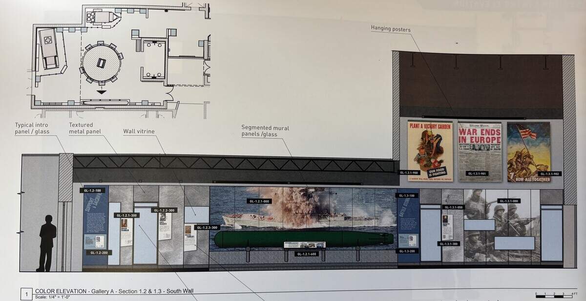 The design of this exhibit, produced by The Design Minds Inc., is located along the wall nearest the Pennsylvania Military Museum’s entrance — and even features an old torpedo created by Penn State’s Applied Research Laboratory. “I wasn’t expecting that when I was getting my initial tour around the place,” museum director Chris Kuhns said with a laugh.