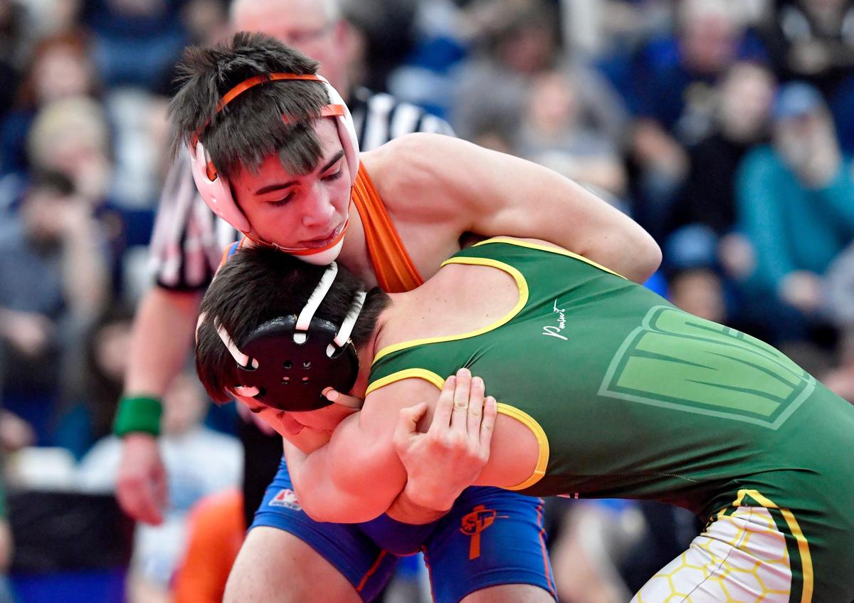 Saint Joseph’s Amonn Ohl wrestles Marion Center’s Hunter Armstrong in a 132 lb quarterfinal bout at the West Branch Ultimate Warrior on Friday, Jan. 24, 2020.