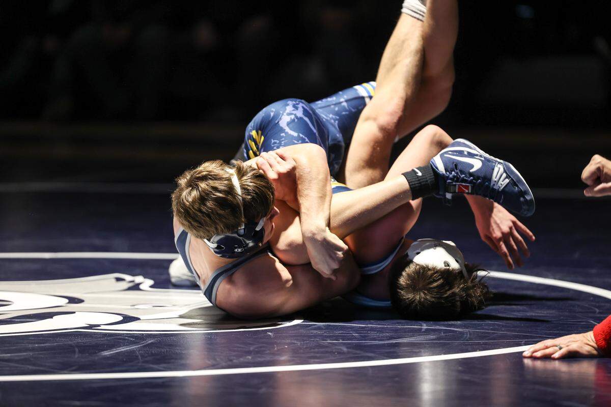 Penns Valley’s Conner Myers aims to pin Glendale’s Harrison Snyder in their 121-pound match of the Rams’ 58-18 win in the District 6 Class 2A Quarterfinals of the dual playoffs. Myers earned a 15-0 technical fall in 4:00.