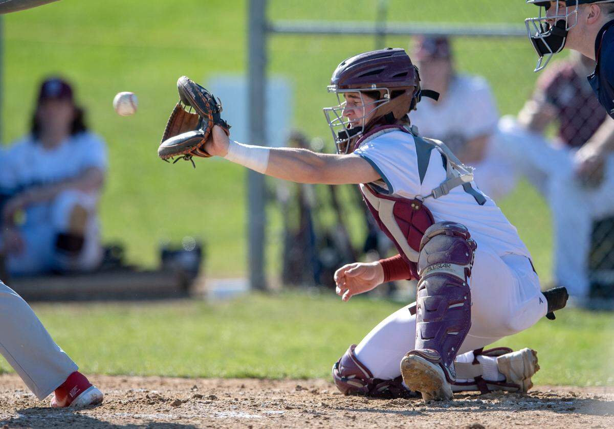 State College’s Ethan Schimony catches during the Tuesday, April 12, 2022 game against Cumberland Valley.