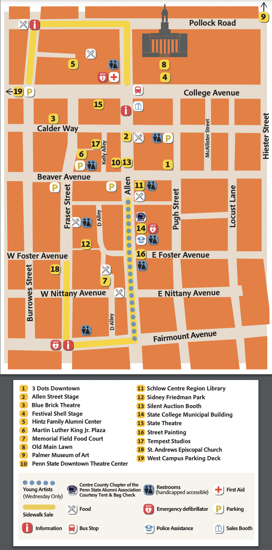 This map offers a general look at Arts Fest’s layout in 2024, including notable attractions, restrooms and suggested parking options.