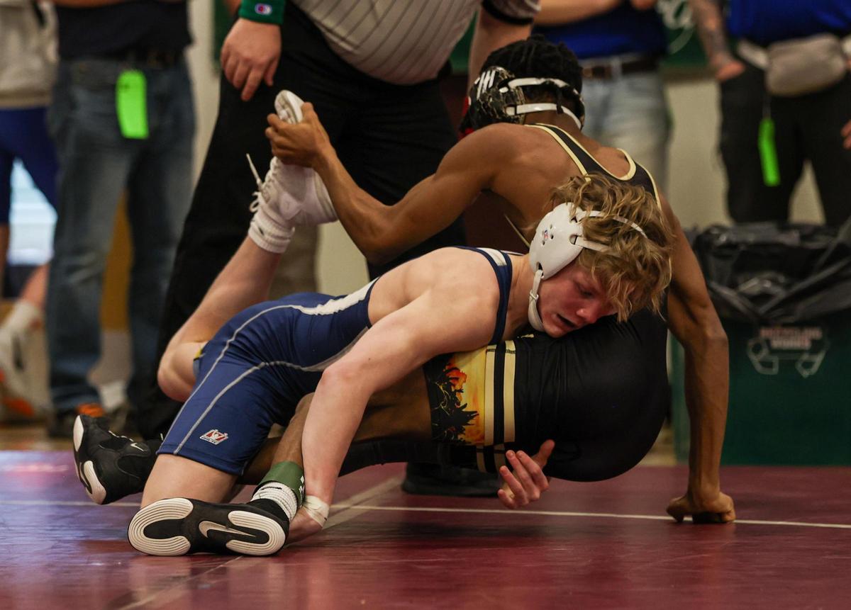 Penns Valley’s Max Dinges controls Valley’s Raydn Thomas in their 114-pound second round match of the PIAA Class 2A Southwest Regional on Friday in Altoona. Dinges defeated Thomas, 18-7.