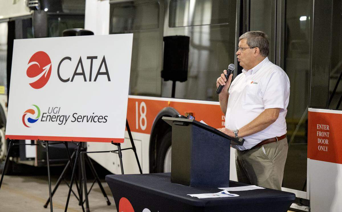 David Rishel of the Centre Area Transportation Authority (CATA) talks about the partnership with UGI Energy Services to convert the bus fleet to RNG on Thursday, Sept. 25, 2025.  
