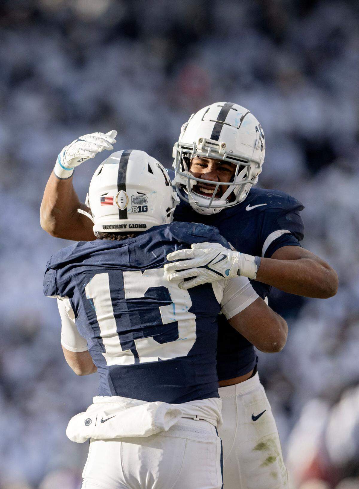 Penn State running back Kaytron Allen is congratulated by Nick Singleton after his touchdown during the game against SMU on Saturday, Dec. 21, 2024 at Beaver Stadium.