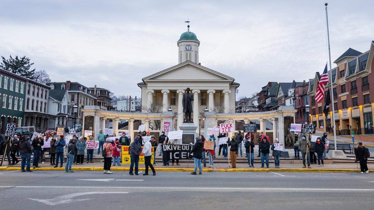 Community members protest in front of the Centre Country Courthouse in Bellefonte on Wednesday, March 18, 2026. The protest was in response to an ICE arrest that took place at the courthouse on Wednesday, March 4.