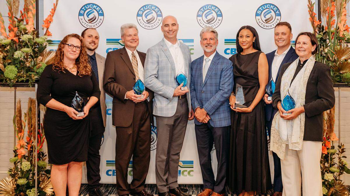 From left: Kate Myers and Tyler Henderson, AmpliFLY Video (Emerging Business of the Year), John Sepp, PennTerra Engineering (Business Leader of the Year), Greg Hayes, Kish Bank (Business of the Year), Greg Scott, President & CEO of CBICC, Rebecca Farmer Force, Ben Franklin Technology Partners of Central & Northern PA (ATHENA Champion Leadership Award), Christian Baum, Giv Local (Small Business of the Year), and Mary Sorensen, Centre County Historical Society (Nonprofit of the Year) pose for a photo during the Oct. 23 Centre County Business Awards.