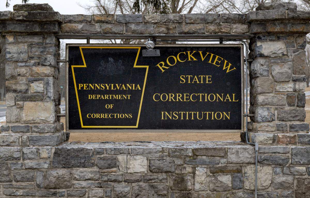 The sign for Rockview state prison on Thursday, Feb. 20, 2025.
