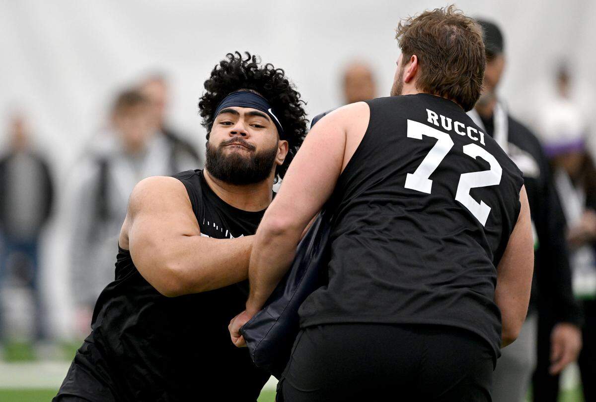 OG Olaivavega Ioane runs an offensive line drill during Penn State Pro Day on Wednesday, March 18, 2026.  